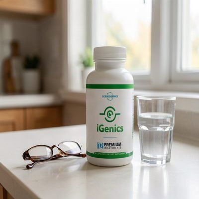 Igenics vision support supplement bottle on a home counter