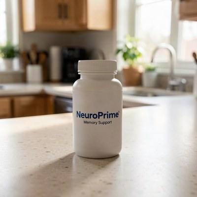 NeuroPrime memory support supplement bottle on a kitchen counter