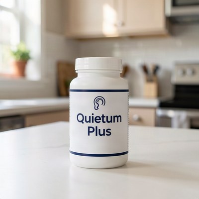 Quietum Plus hearing support supplement bottle on a kitchen counter